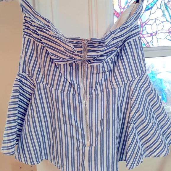 BEBE Nautical Top White Navy Stripes zip back BowTie front Wear off shoulders - Picture 3 of 7